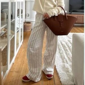 Tahari Cream and White Wide Leg Linen Pants